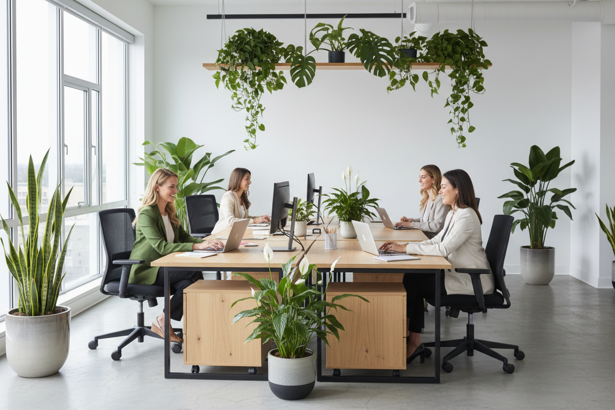 Modern office with women working and indoor plants